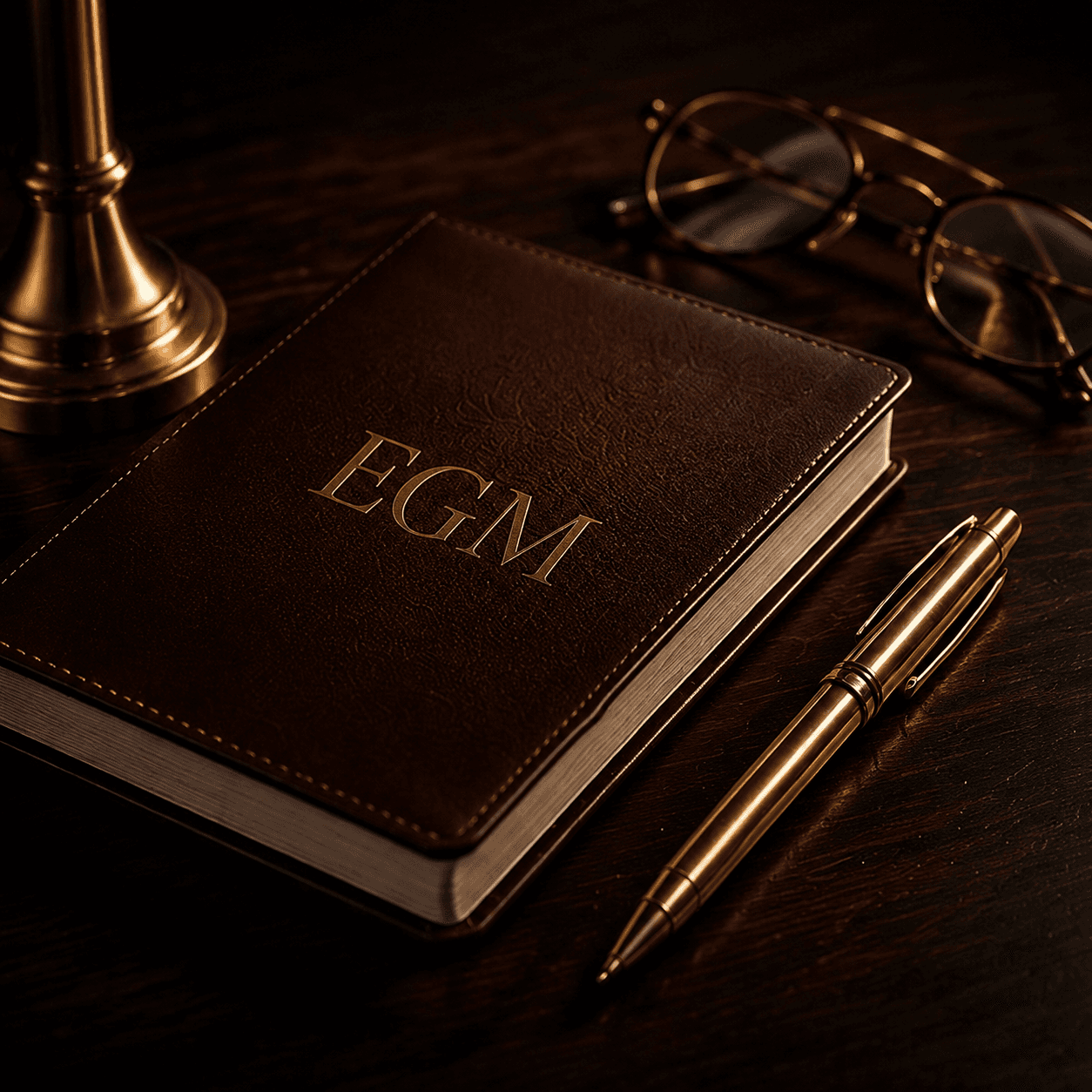 Agenda de couro com o monograma EGM, caneta e óculos sobre uma mesa de madeira